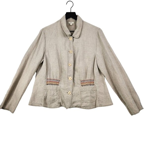 J. Jill Jackets & Blazers - j.jill Blazer Womens Medium Linen Tan Button Down Embroidery Pockets Collared